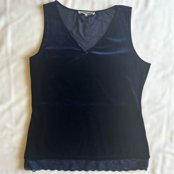 Liquid By Sioni Whimsigoth Velvet Navy V Neck Tank W/ Lace Trim Sz M Fairy Alt - Picture 1 of 4